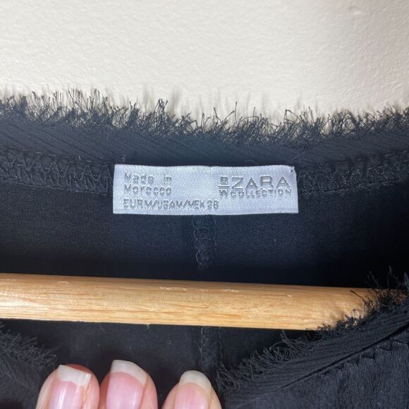 Zara Black Satin Short Sleeve Pocket Tee Size M Eyelash Hem Lightweight - Picture 4 of 11